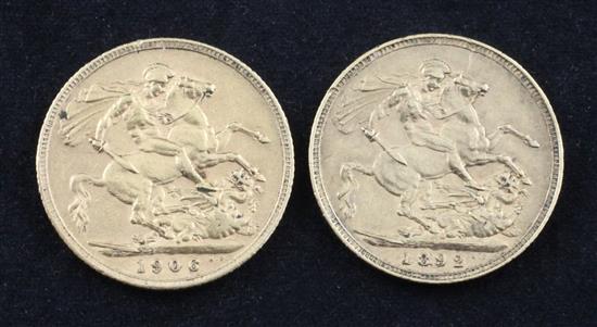 A Victoria 1892 gold full sovereign and an Edward VII 1906 gold full sovereign,
